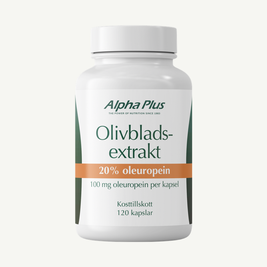 Förpackningen till Alpha Plus Alpha Plus Olivbladextrakt 120 kapslar