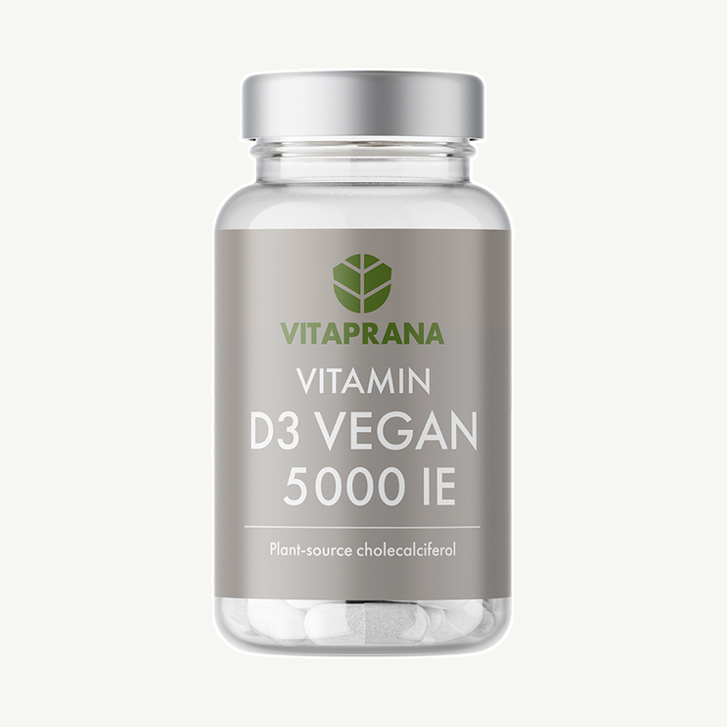 Förpackningen till Vitaprana Vegansk Vitamin D3 5000 IE 110 Kapslar