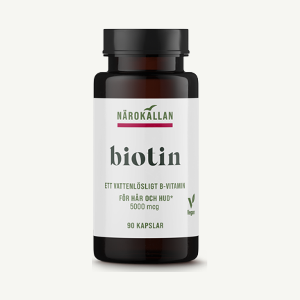 Förpackningen till Närokällan Biotin 5000 mcg 90 kapslar