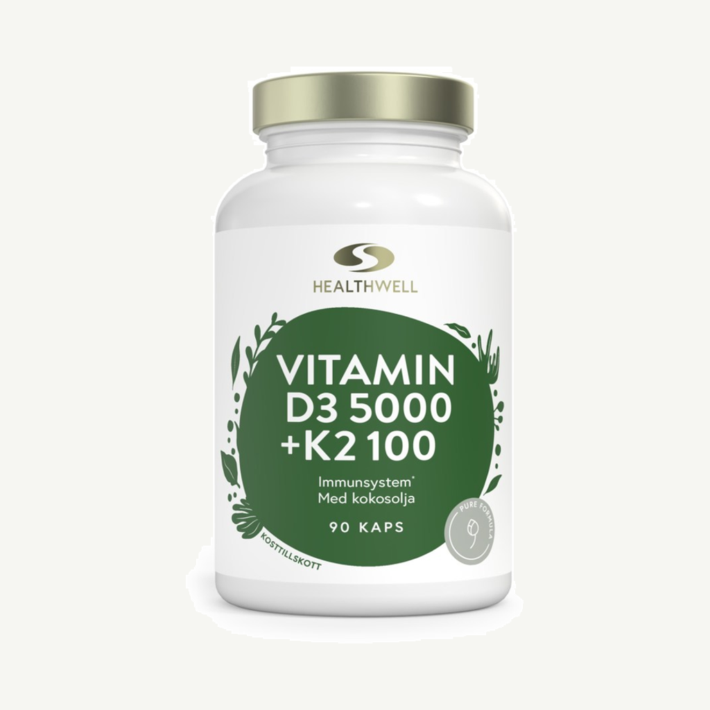 Förpackningen till Healthwell Vitamin D3 5000 + K2 100