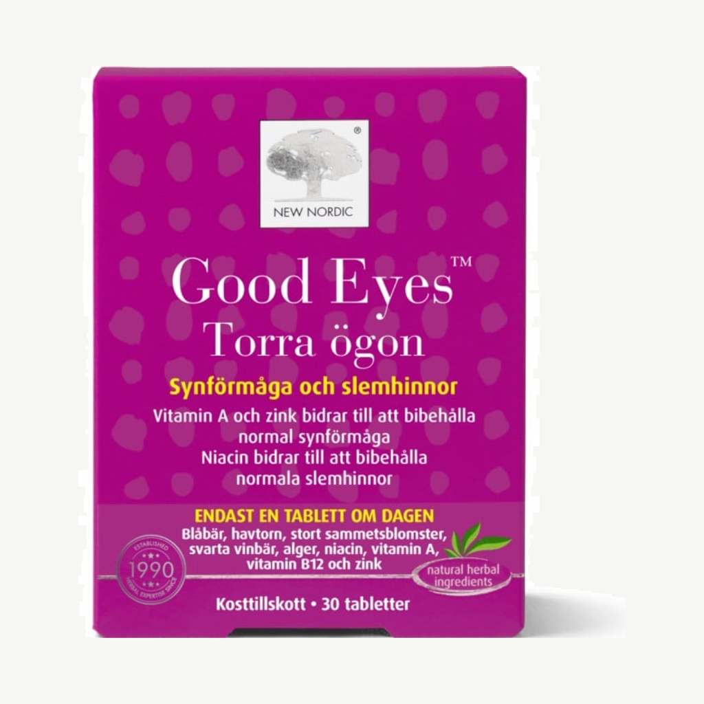 Förpackningen till New Nordic Good Eyes Torra ögon 30 st