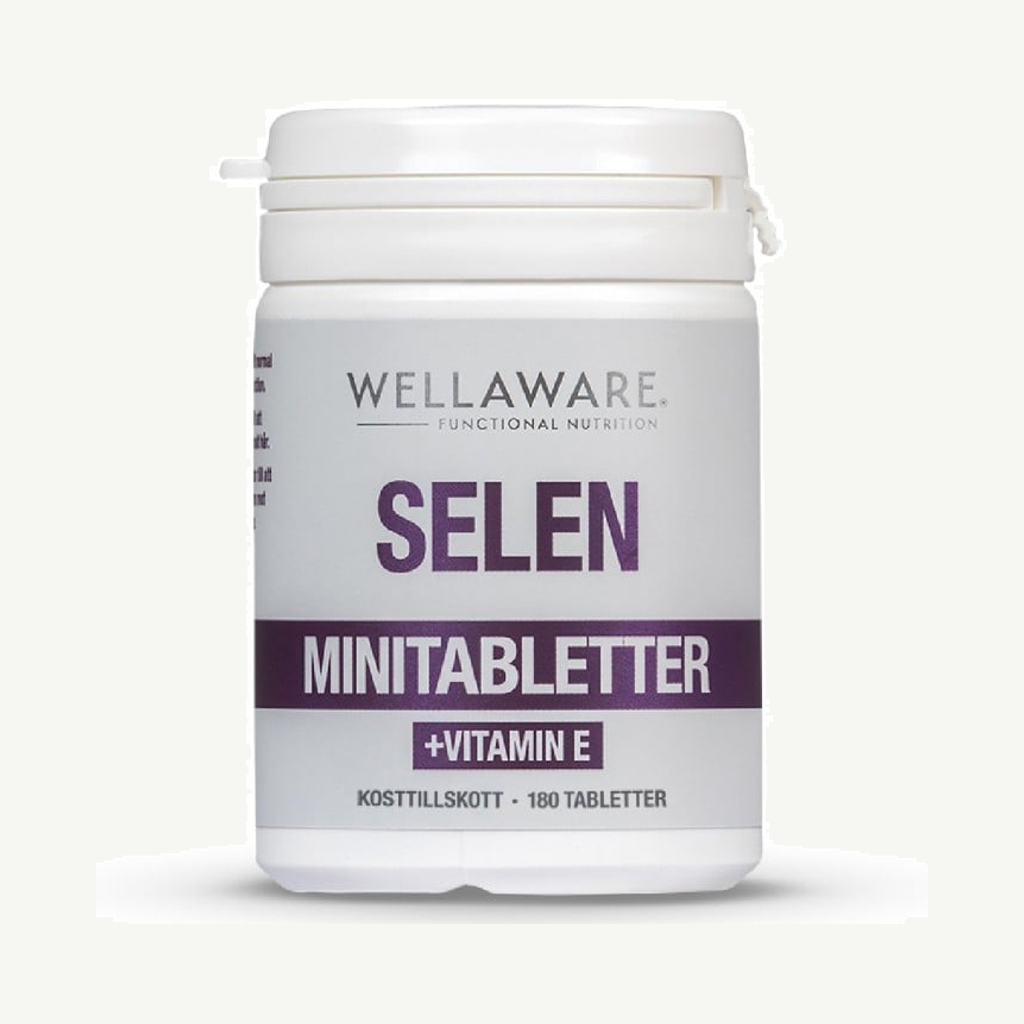 Förpackningen till WellAware Selen + E-vitamin 180 minitabletter