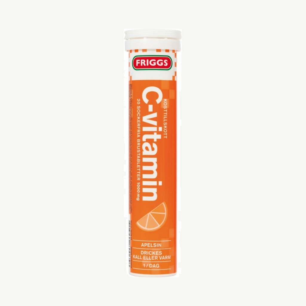 Förpackningen till Friggs C-vitamin Apelsin 20 brustabletter