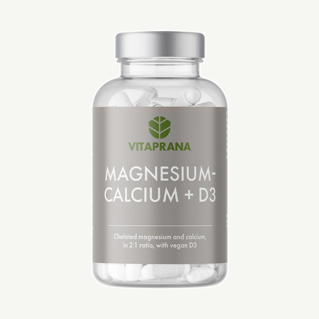 Förpackningen till Vitaprana Magnesium Calcium +D3 100 kapslar