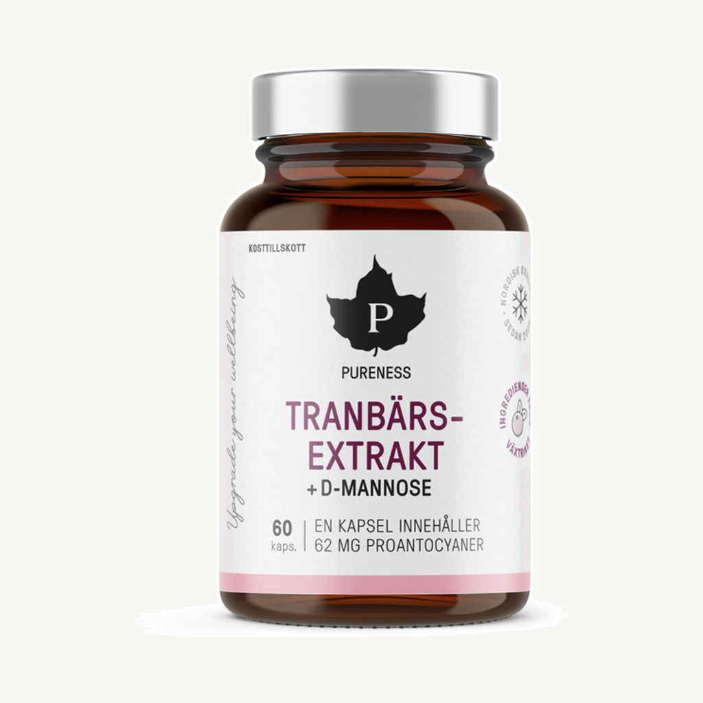Förpackningen till Pureness Tranbär + D-monnose 60 kapslar