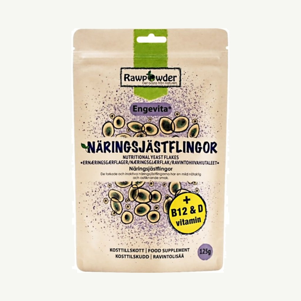 Förpackningen till Rawpowder Näringsjästflingor B12 Engevita 125 g