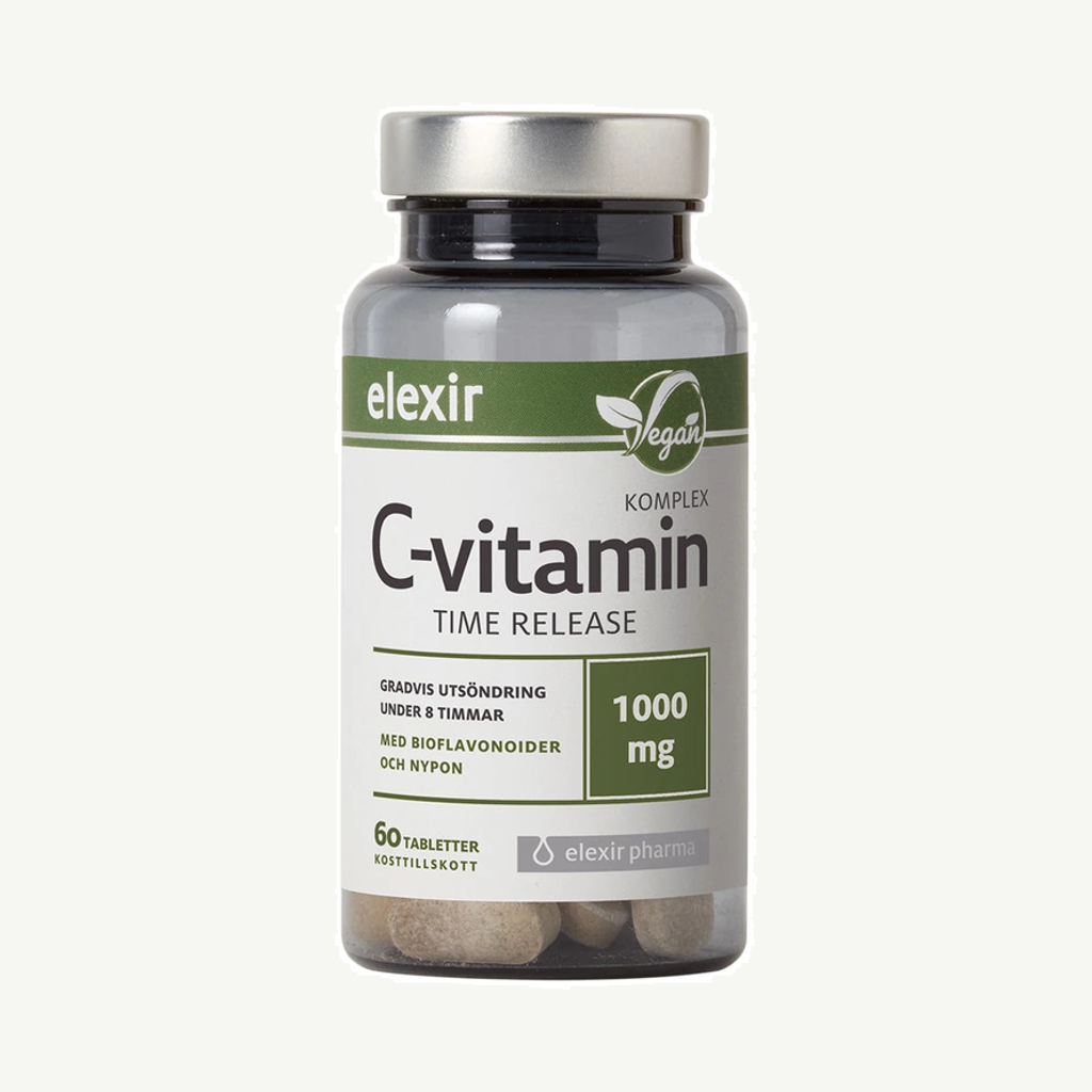 Förpackningen till Elexir Pharma C-Vitamin Komplex Time Release 60 tabs