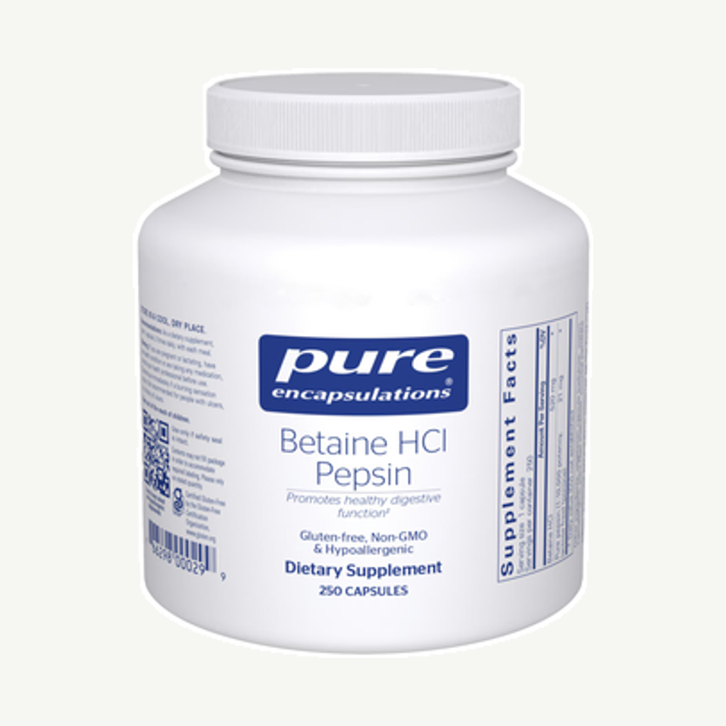 Förpackningen till Betaine HCl Pepsin 250k