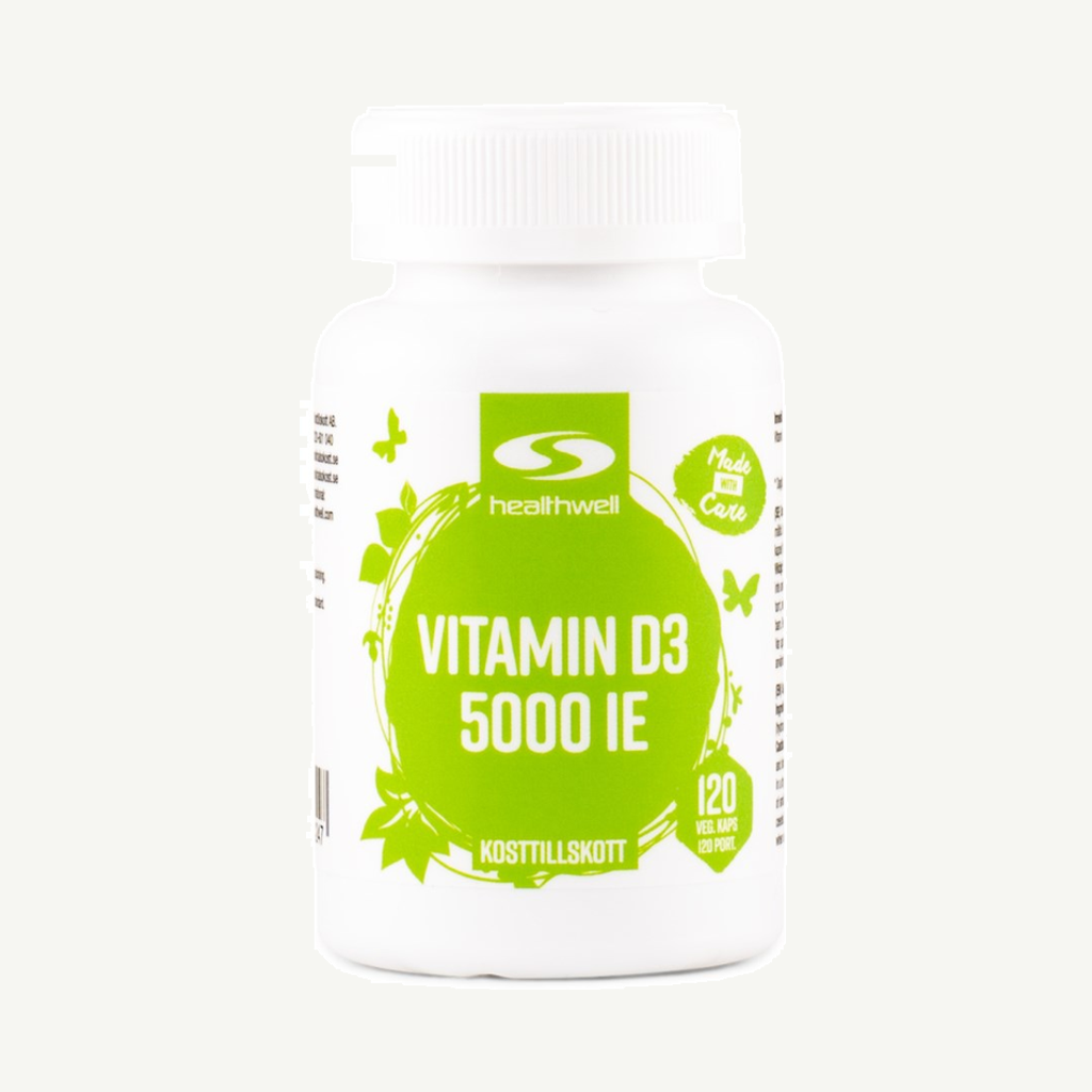 Förpackningen till Healthwell Vitamin D3 5000 IE
