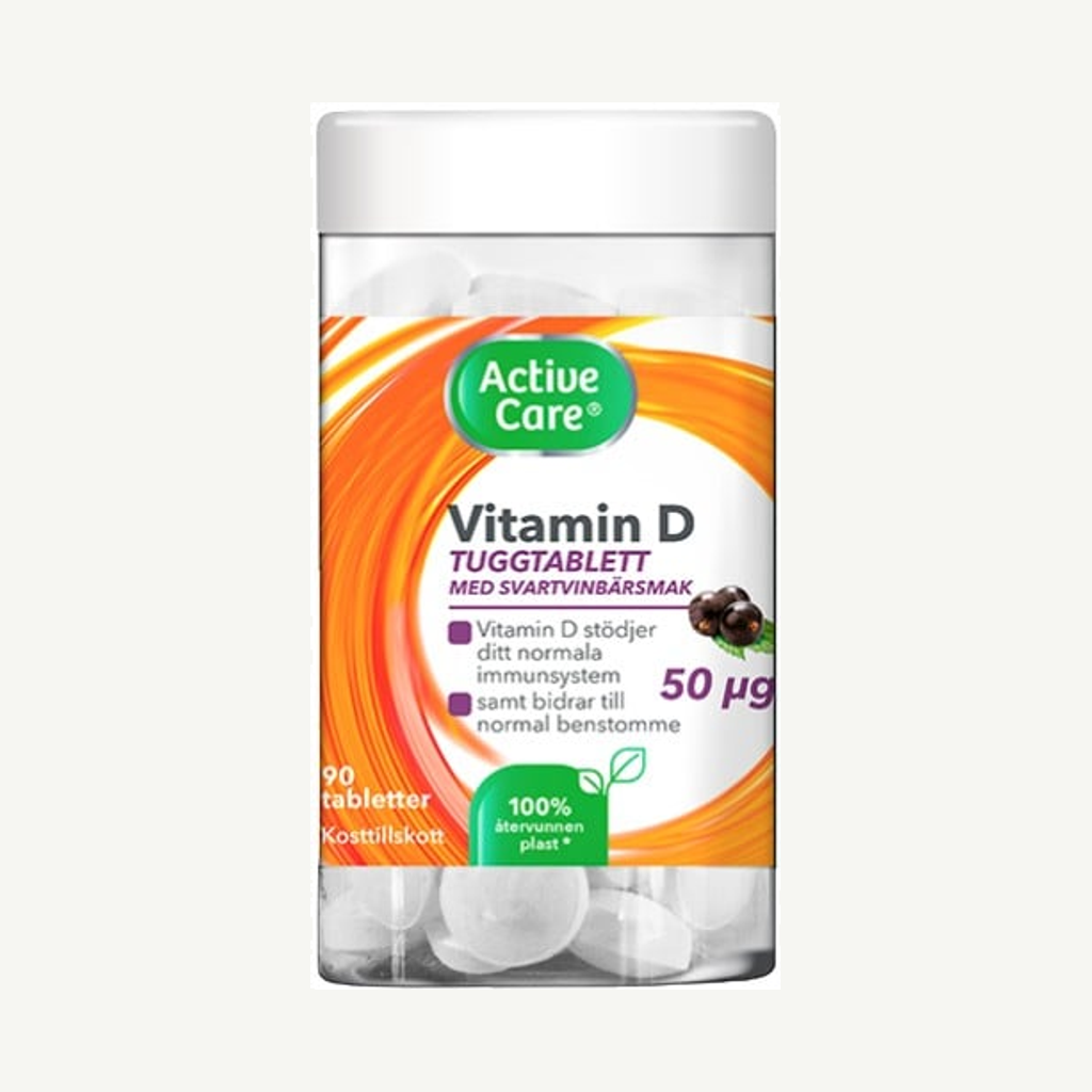 Förpackningen till Active Care Vitamin D 50ug 90 tuggtabletter