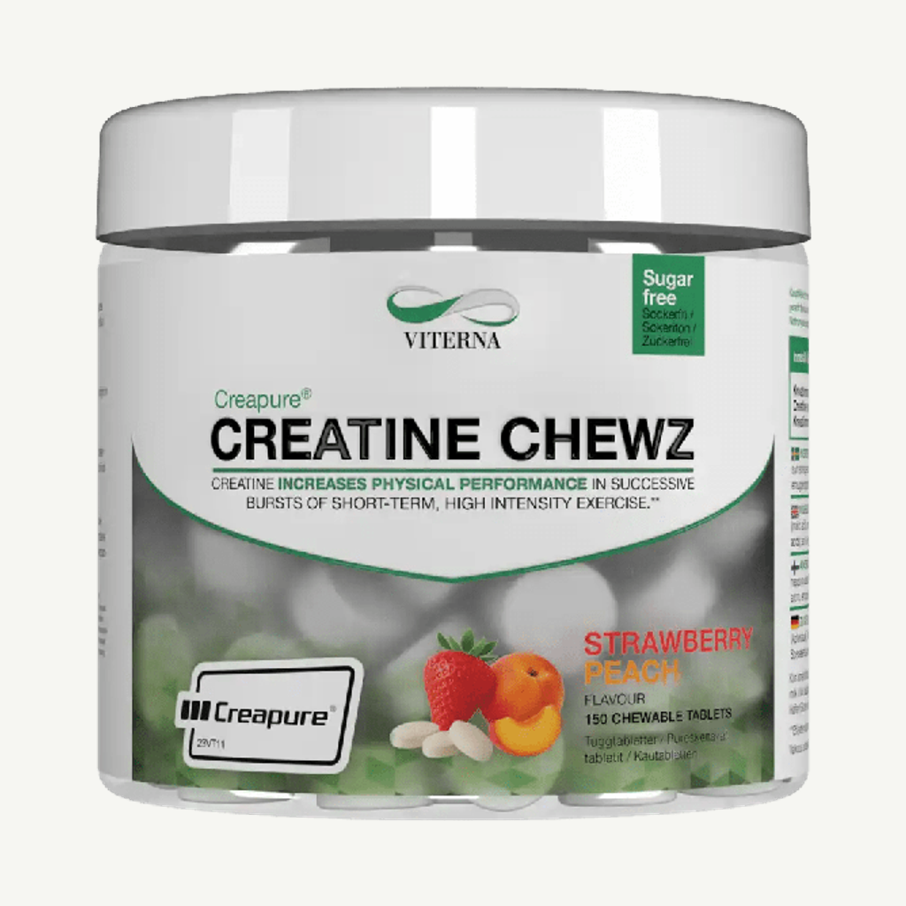 Förpackningen till Creapure® Chewz Strawberry Peach 150 tuggtabletter