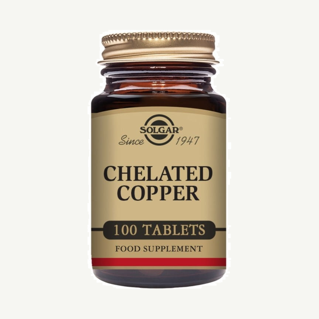 Förpackningen till Solgar Chelated Copper 100 tabletter