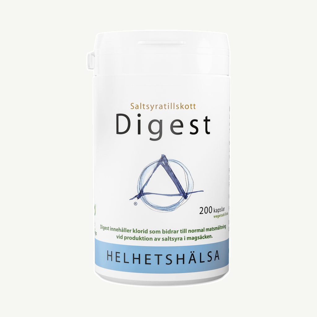 Förpackningen till Helhetshälsa Digest Saltsyratillskott 200 kapslar
