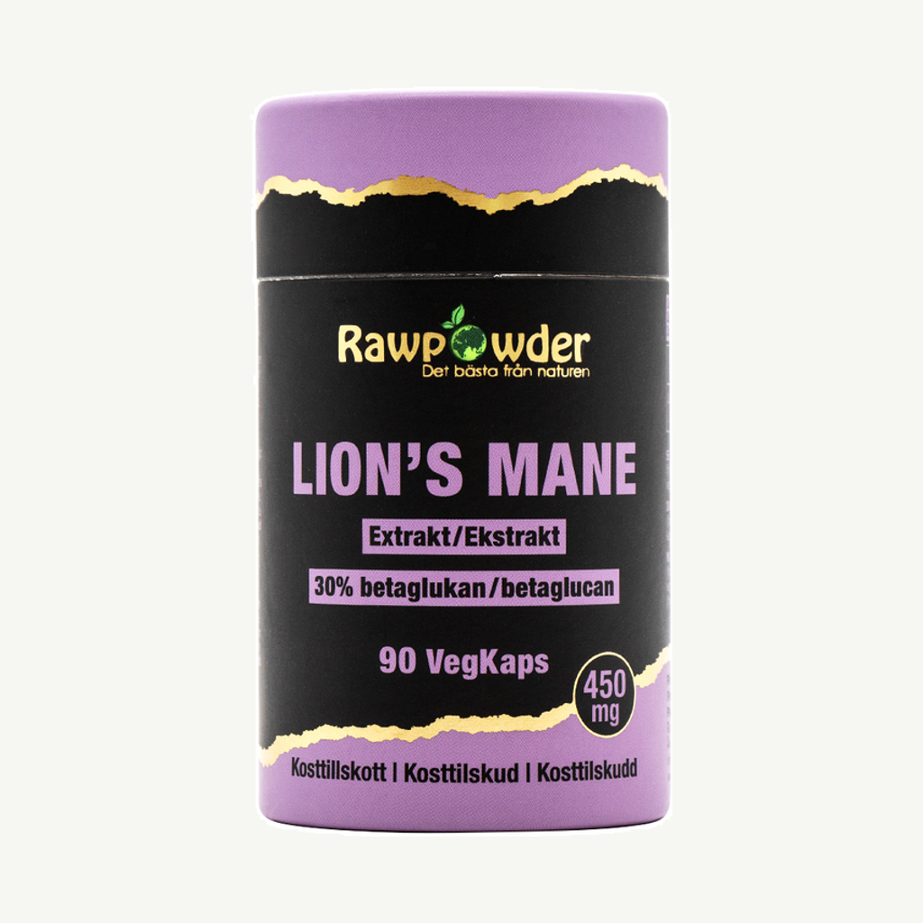 Förpackningen till Rawpowder Lion's Mane Extrakt 450 mg 90 kapslar