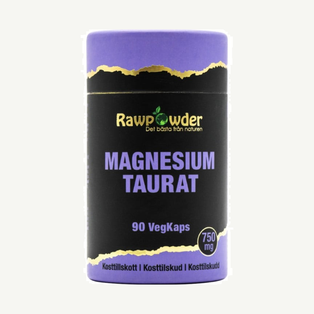 Förpackningen till Rawpowder Magnesium Taurat 750mg 90 kapslar