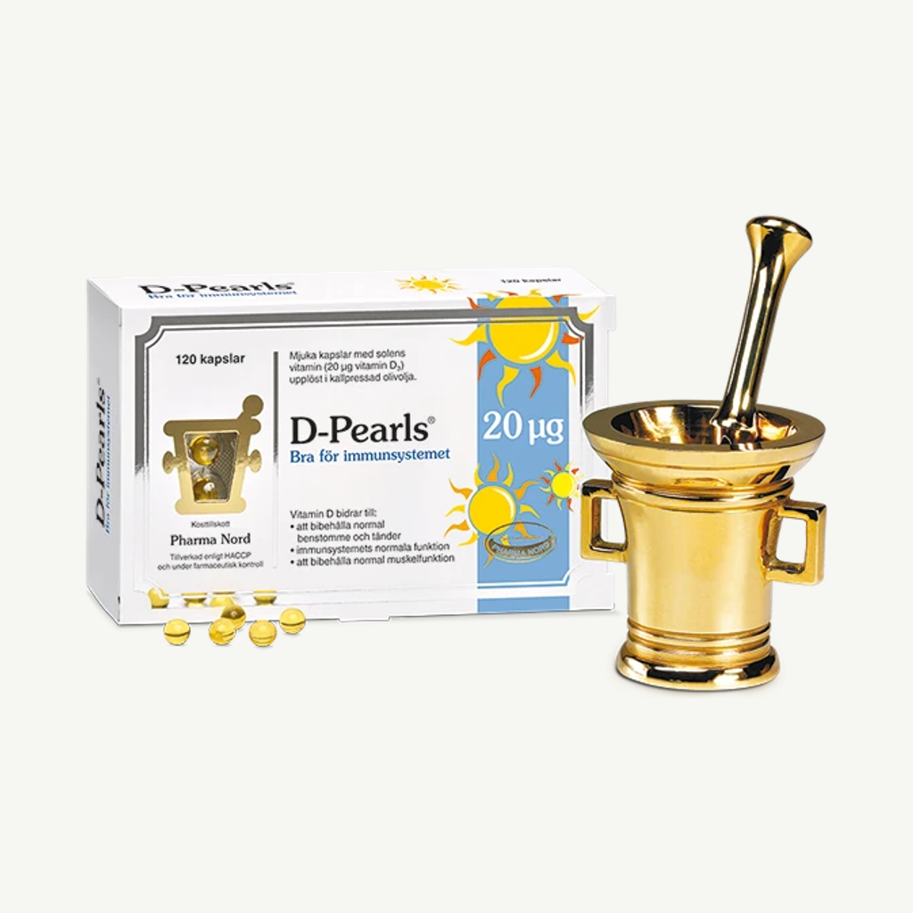 Förpackningen till D-Pearls 20 µg, 120 kapslar
