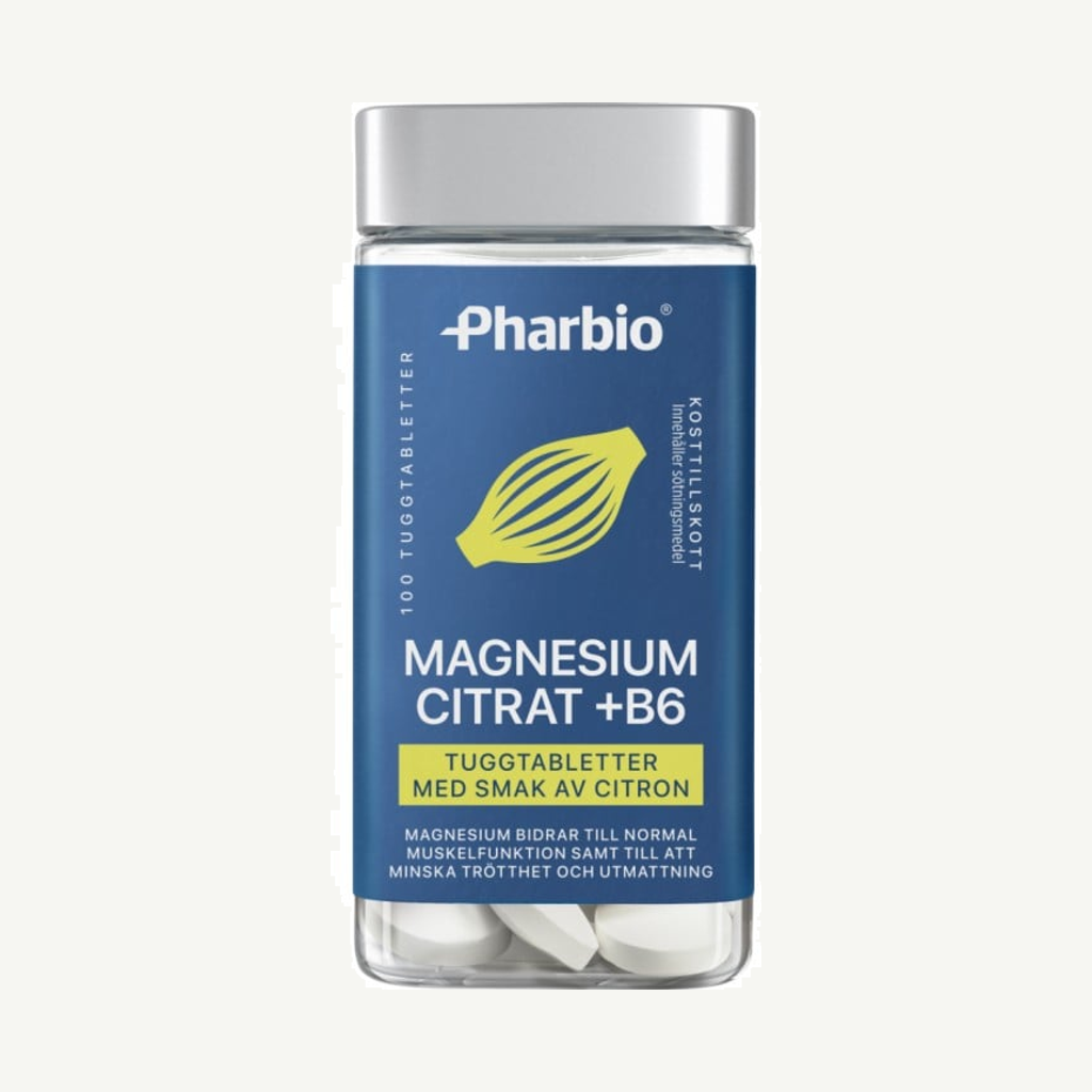 Förpackningen till Pharbio Magnesiumcitrat+B6, 100 tuggtabletter