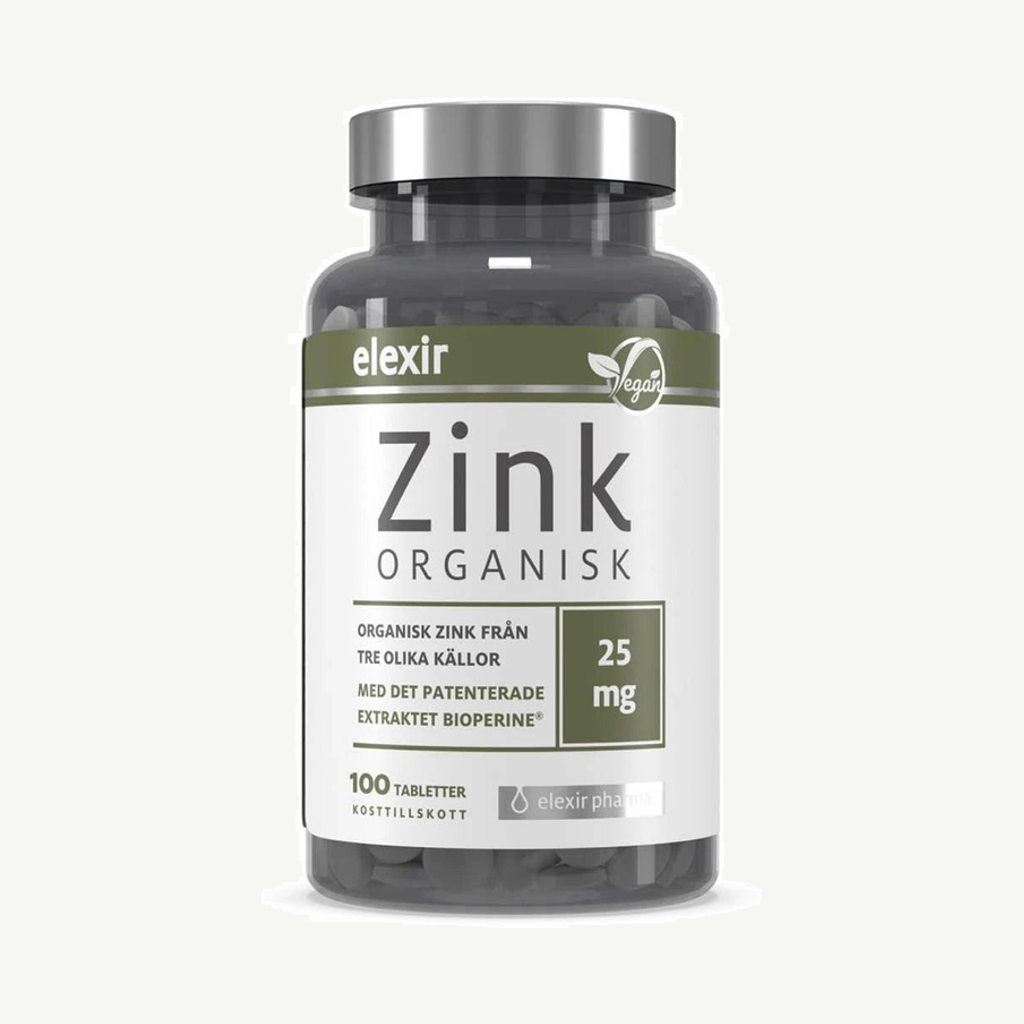 Förpackningen till Elexir Pharma Organic Zink 100 tabs