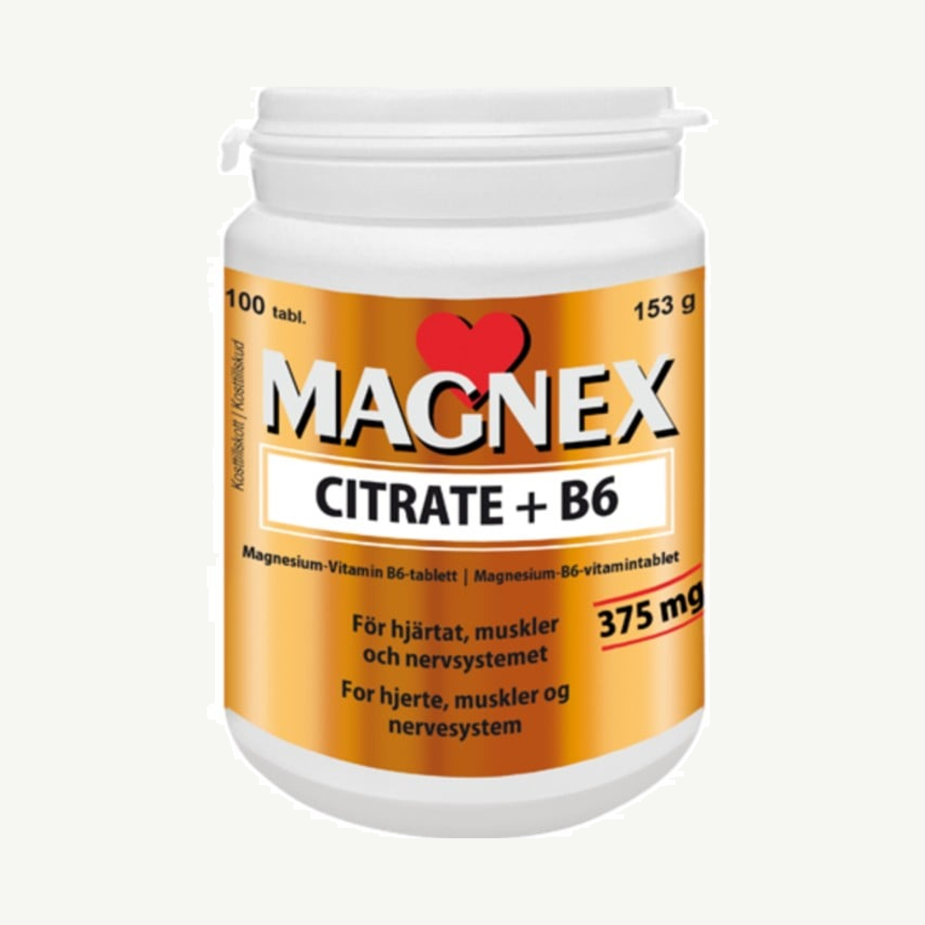 Förpackningen till Magnex Citrate + B6 100 tabletter