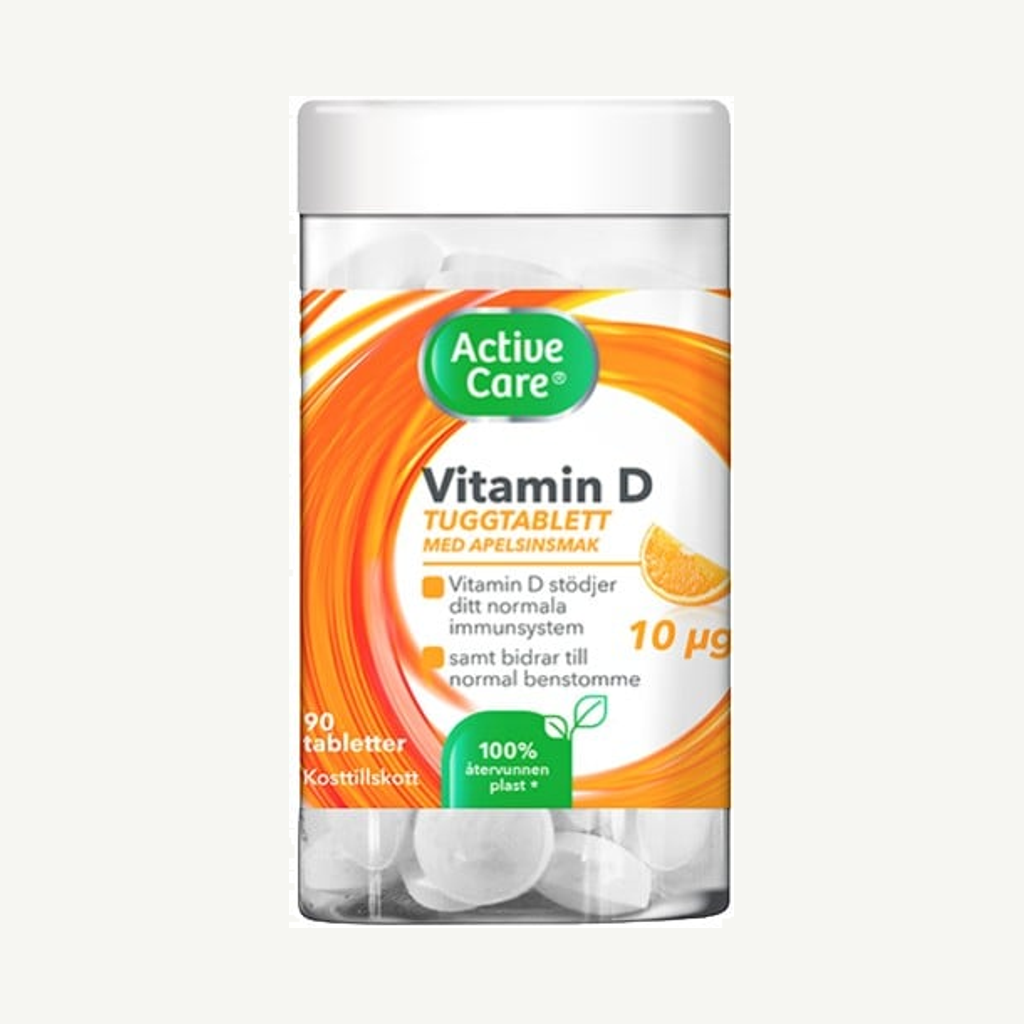 Förpackningen till Active Care Vitamin D 10ug 90 tuggtabletter
