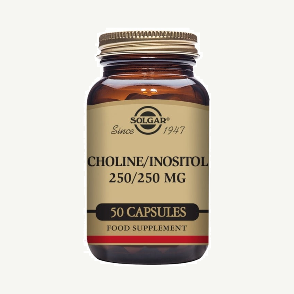 Förpackningen till Solgar Choline/Inositol 250/250 mg 50 kapslar