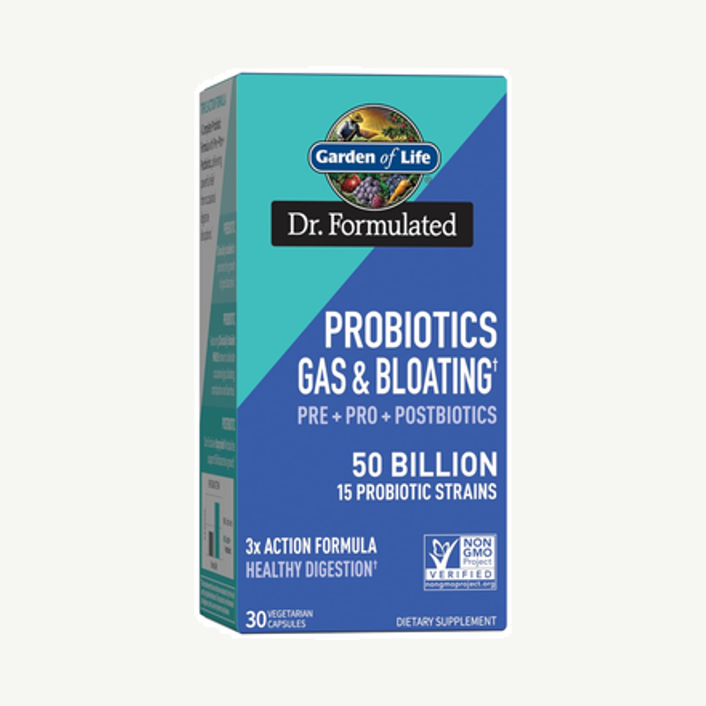 Förpackningen till Dr Formulated Probiotics Gas & Bloating 50 billion 30k