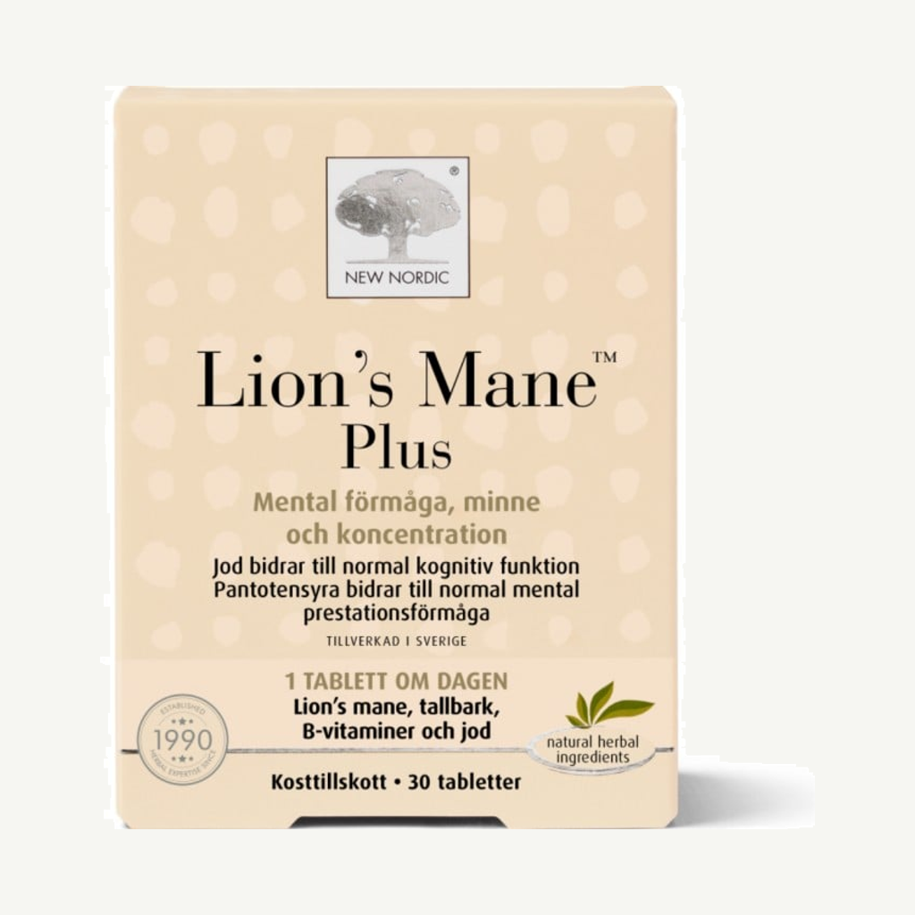 Förpackningen till New Nordic Lion´s Mane 30 tabletter