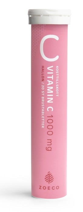 Förpackningen till Zoeco Vitamin C 1000 mg Hallon 20 brustabletter
