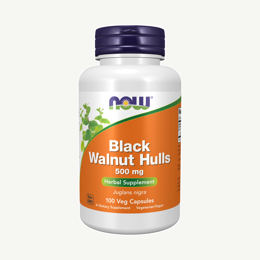 Förpackningen till Now Black Walnut Hulls 500 mg 100 kapslar