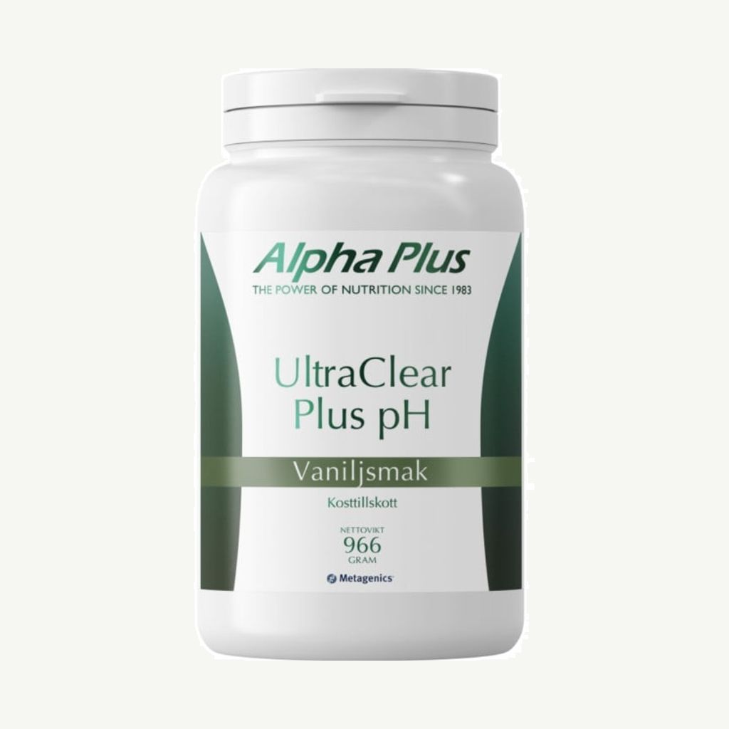 Förpackningen till Alpha Plus UltraClear Plus pH Vanilj 966 g
