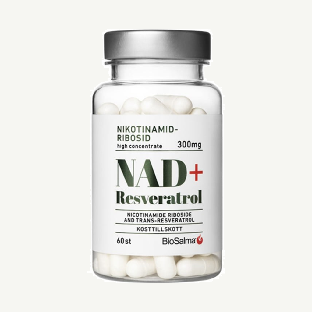 Förpackningen till BioSalma NAD+ 300mg +Reservatrol 60 kapslar