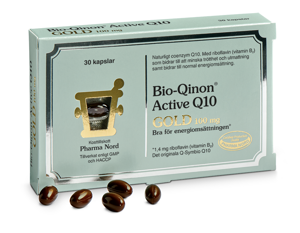 Förpackningen till Pharma Nord Bio-Qinon Active Q10 Gold 100mg 30 kapslar