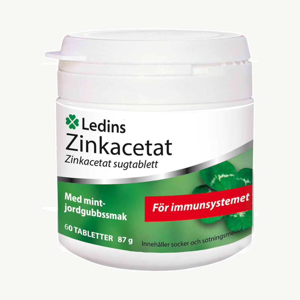 Förpackningen till Ledins Zinkacetat 60 tabletter