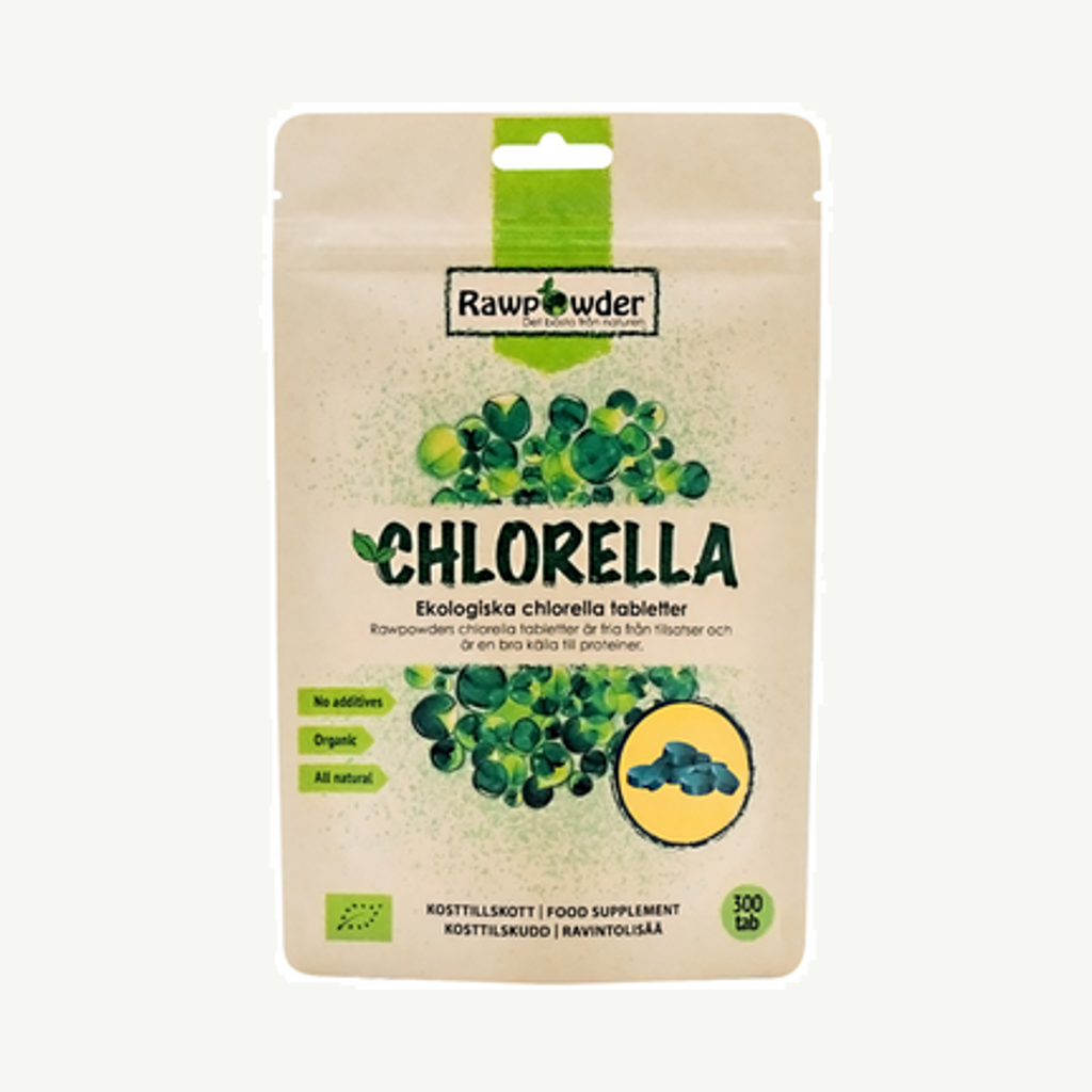 Förpackningen till Rawpowder Chlorella 300 tabletter