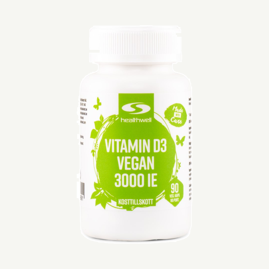 Förpackningen till Healthwell Vitamin D3 Vegan 3000 IE