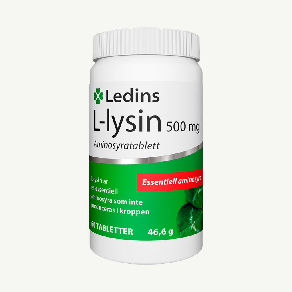 Förpackningen till Ledins L-Lysin 500 mg 60 tabletter