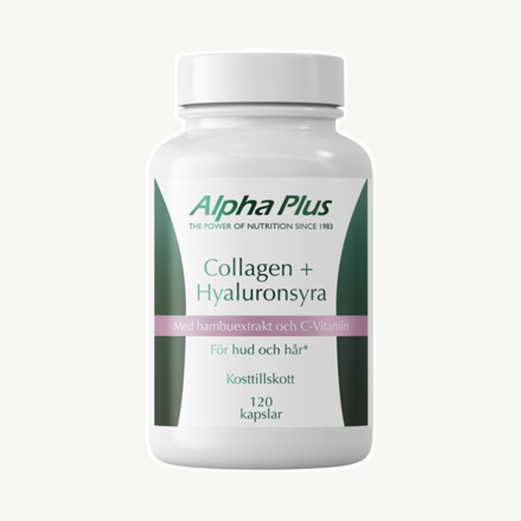 Förpackningen till Alpha Plus Collagen + Hyaluronsyra Kapslar, 120 st