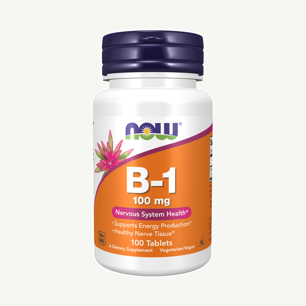 Förpackningen till NOW B1 Vitamin 100mg 100 tabletter