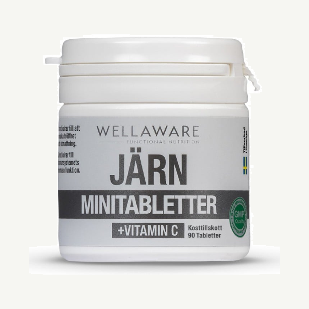 Förpackningen till WellAware Järn & Vitamin C minitabletter 90 st