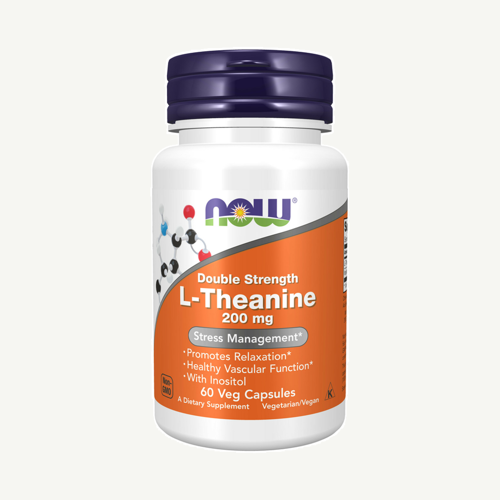 Förpackningen till NOW Theanine 200mg 60 kapslar