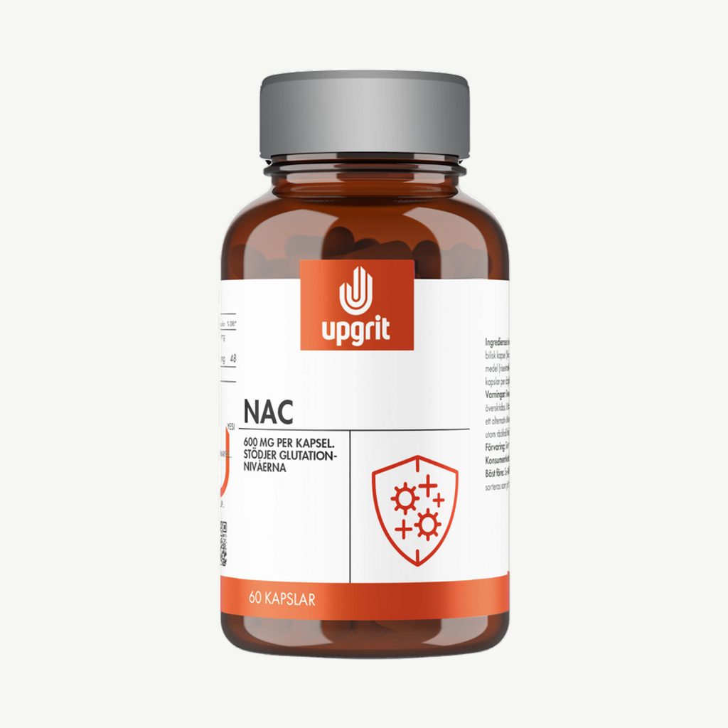 Förpackningen till Upgrit NAC 600 mg (N-acetyl L-cystein) 60 kapslar
