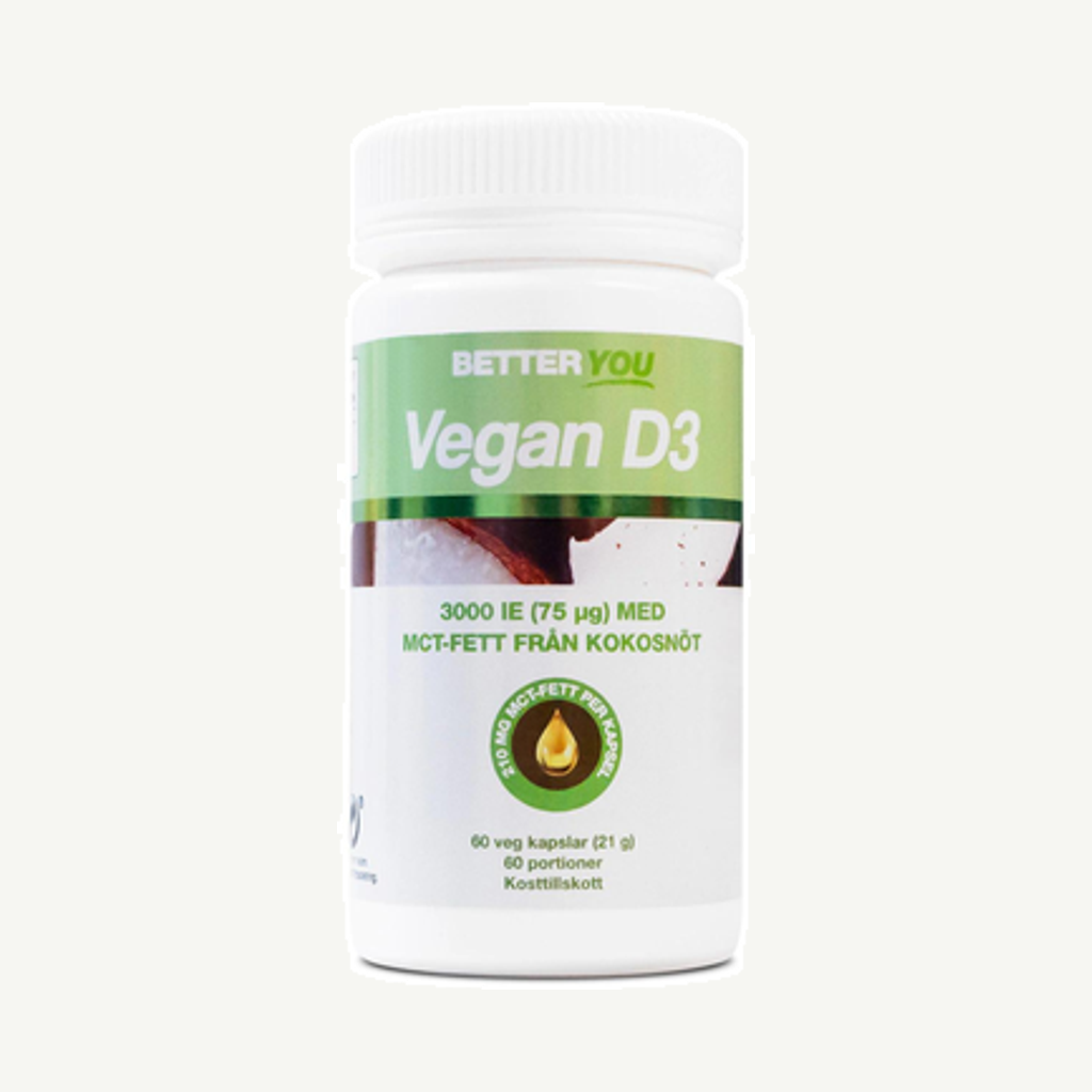 Förpackningen till Better You Vegan D3 3000IE+MCTfett, 60 st