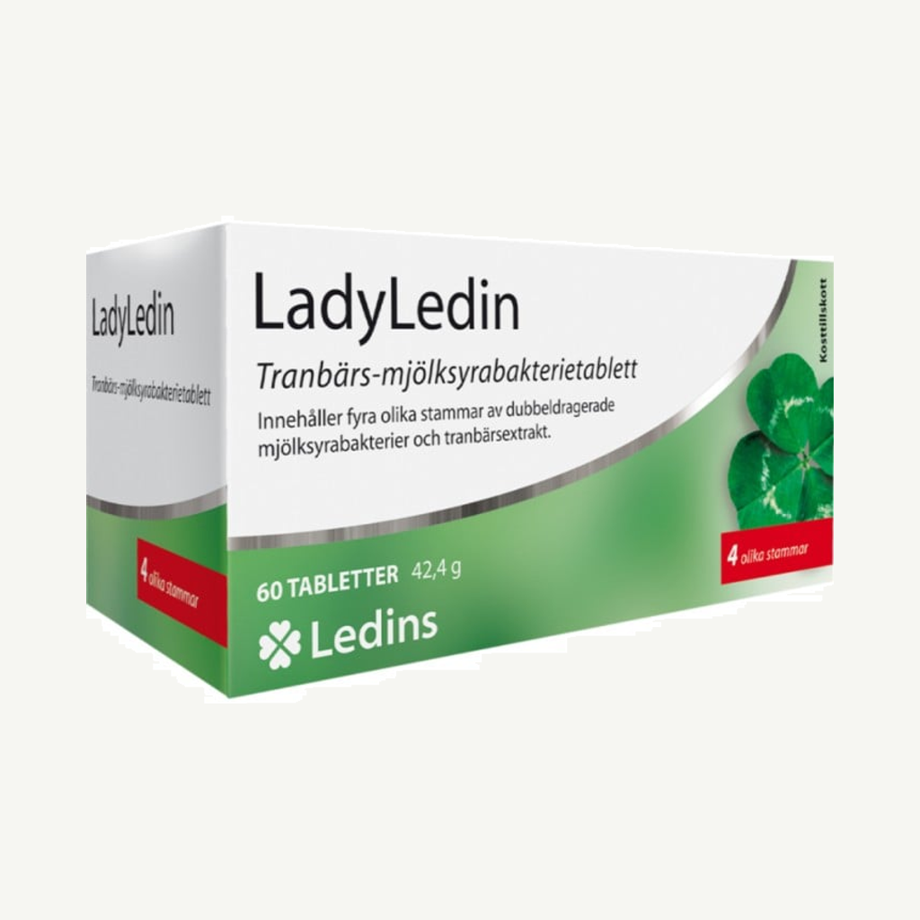 Förpackningen till LadyLedin Tranbärs-mjölksyrabakterietablett 60 st