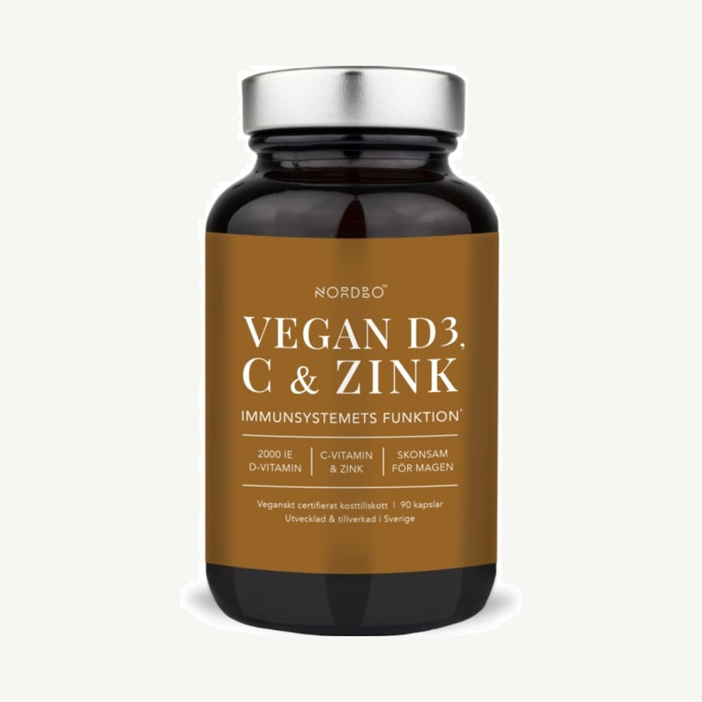 Förpackningen till Nordbo Vegan D3, C-vitamin & Zink 90 kapslar