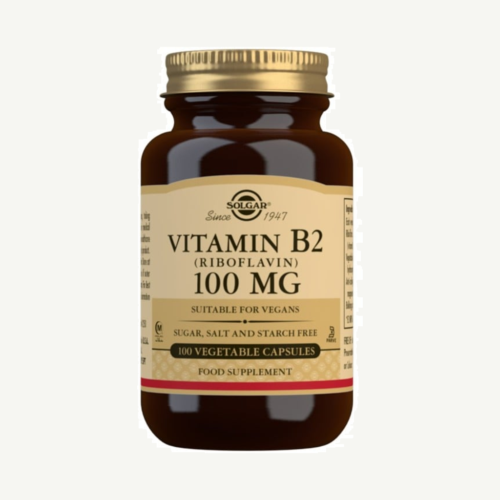 Förpackningen till Solgar Vitamin B2 100 mg riboflavin 100 kapslar