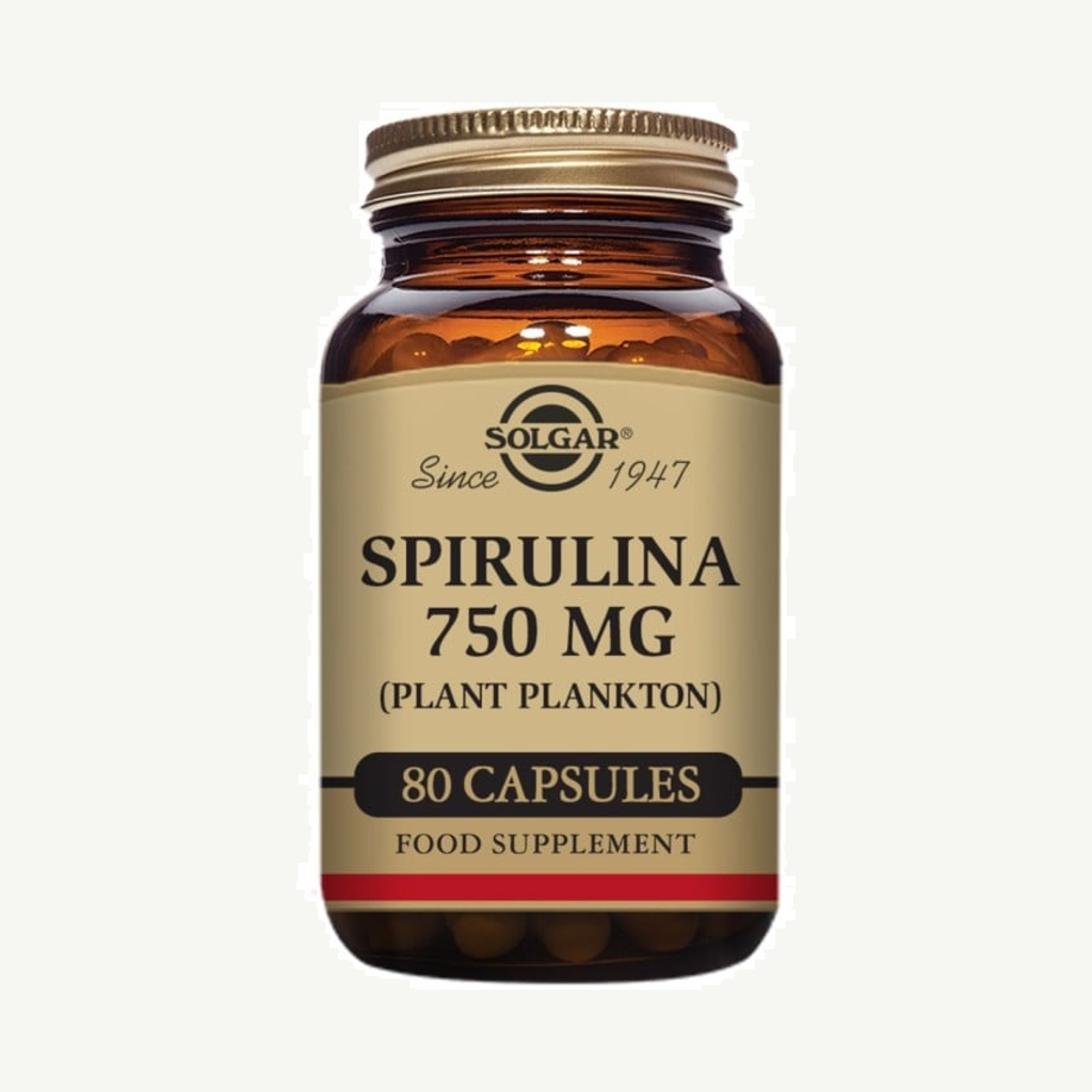 Förpackningen till Solgar Spirulina 80 kapslar