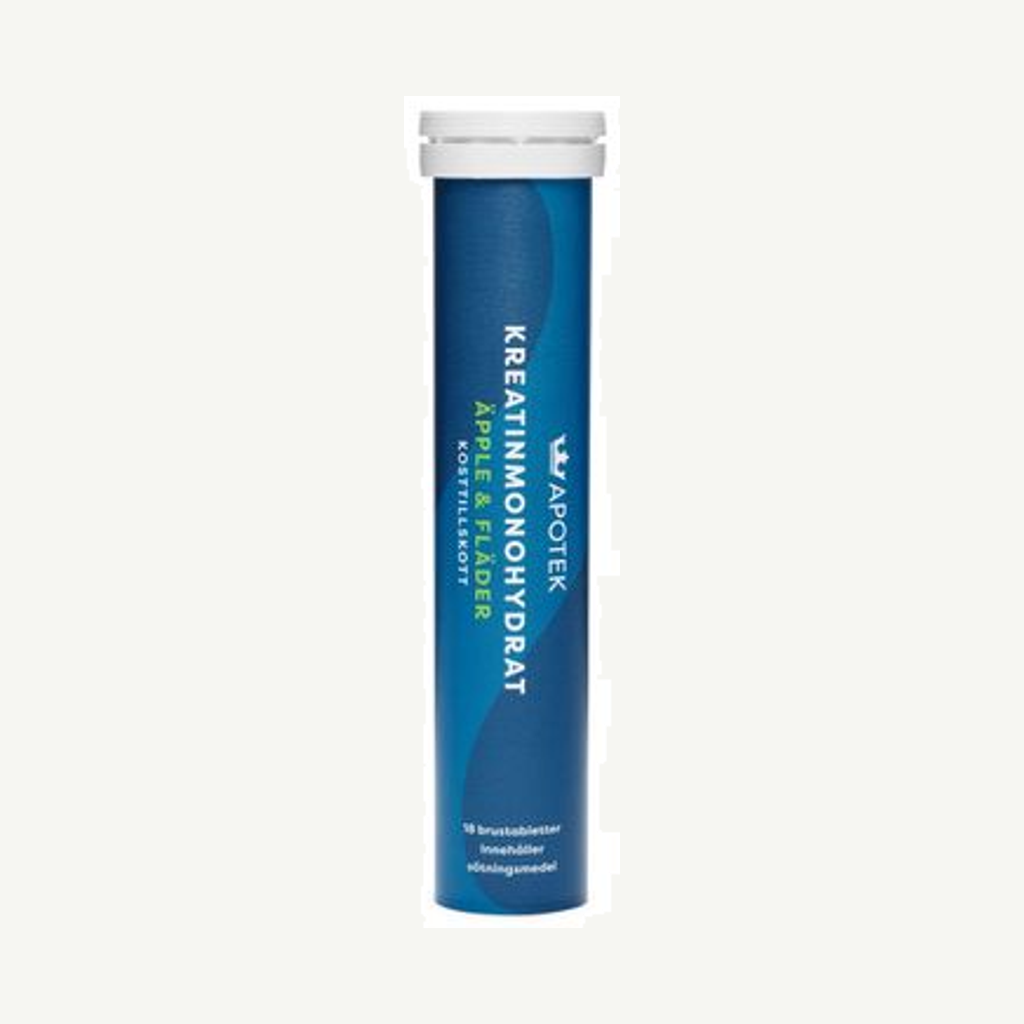 Förpackningen till Kreatinmonohydrat Äpple/Fläder 18 brustabletter