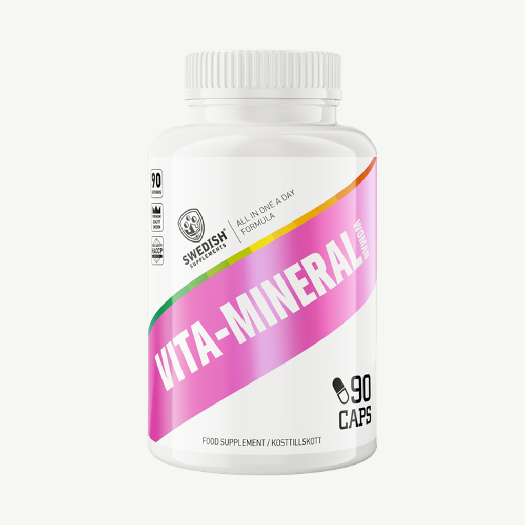 Förpackningen till Swedish Supplements Vita-Mineral Kvinna 90 kapslar
