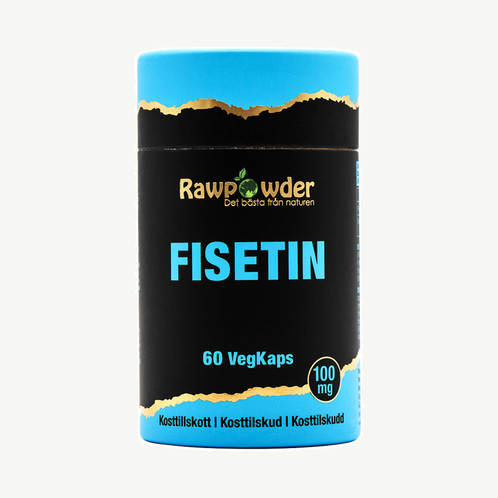 Förpackningen till Rawpowder Fisetin 100 mg 60 kapslar