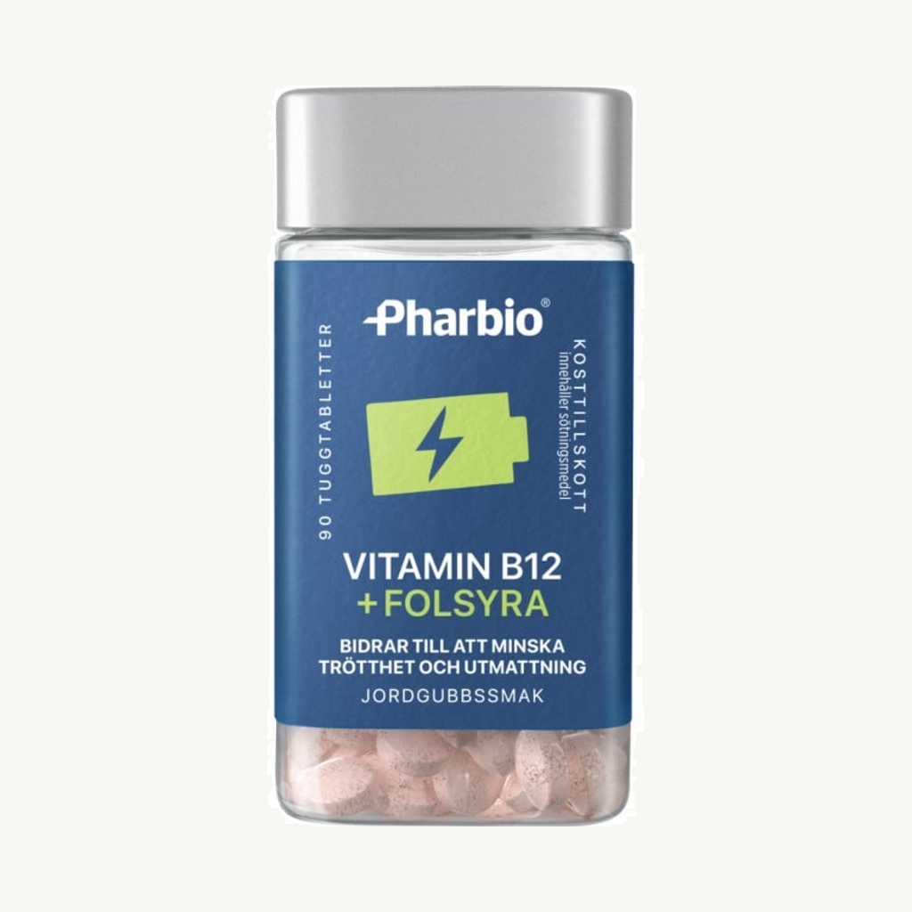Förpackningen till Pharbio B12 + Folsyra 90 tuggtabletter